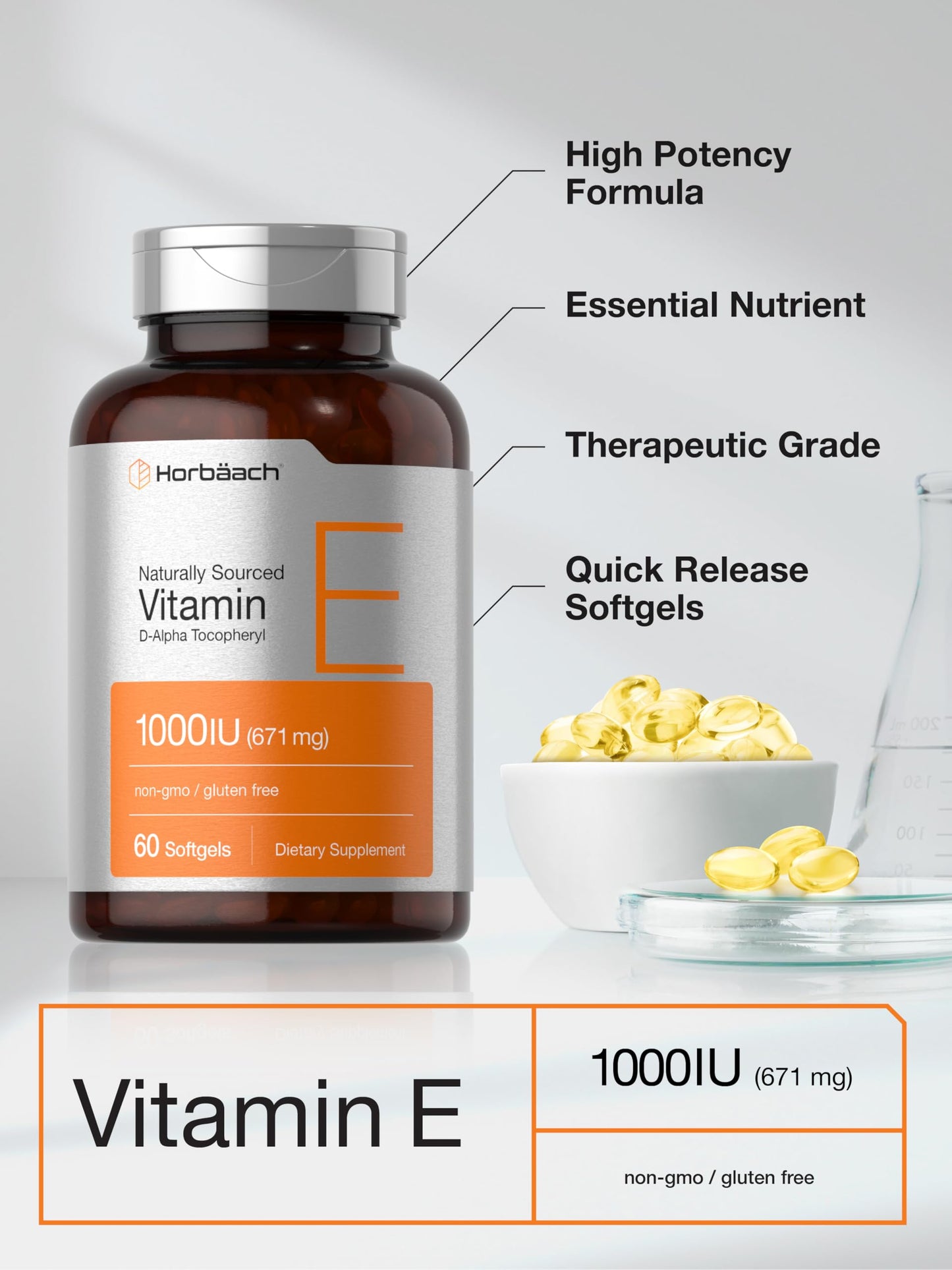 Horbäach Vitamin E 1000 IU Softgels – 60 Count | Non-GMO, Gluten-Free, D-Alpha Tocopherol