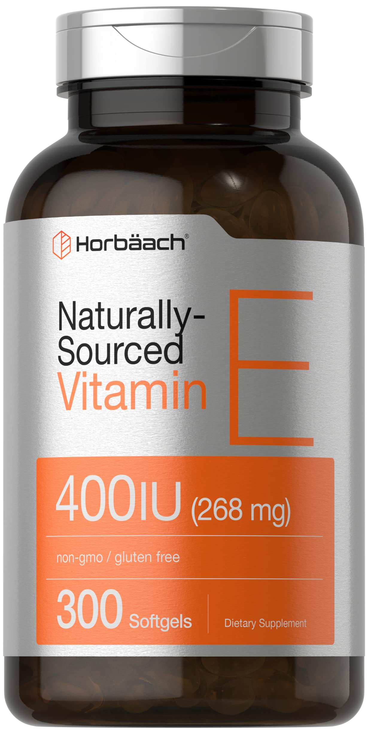 Horbäach Vitamin E Softgel Capsules | 400 IU (268 mg) | 300 Count | Non-GMO & Gluten Free | D-Alpha Tocopherol
