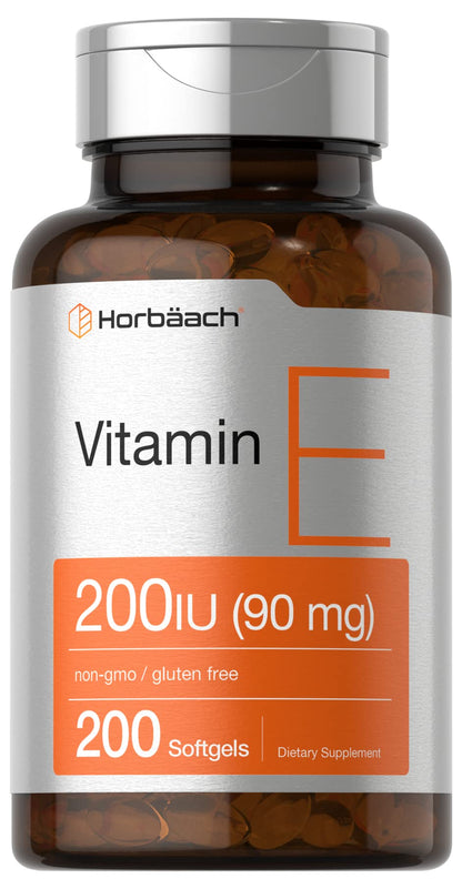 Horbäach Vitamin E Softgel Capsules – 200 IU (90 mg) | 200 Count | Non-GMO & Gluten Free