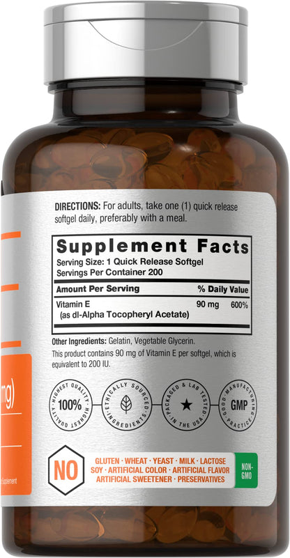 Horbäach Vitamin E Softgel Capsules – 200 IU (90 mg) | 200 Count | Non-GMO & Gluten Free