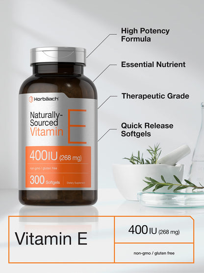 Horbäach Vitamin E Softgel Capsules | 400 IU (268 mg) | 300 Count | Non-GMO & Gluten Free | D-Alpha Tocopherol