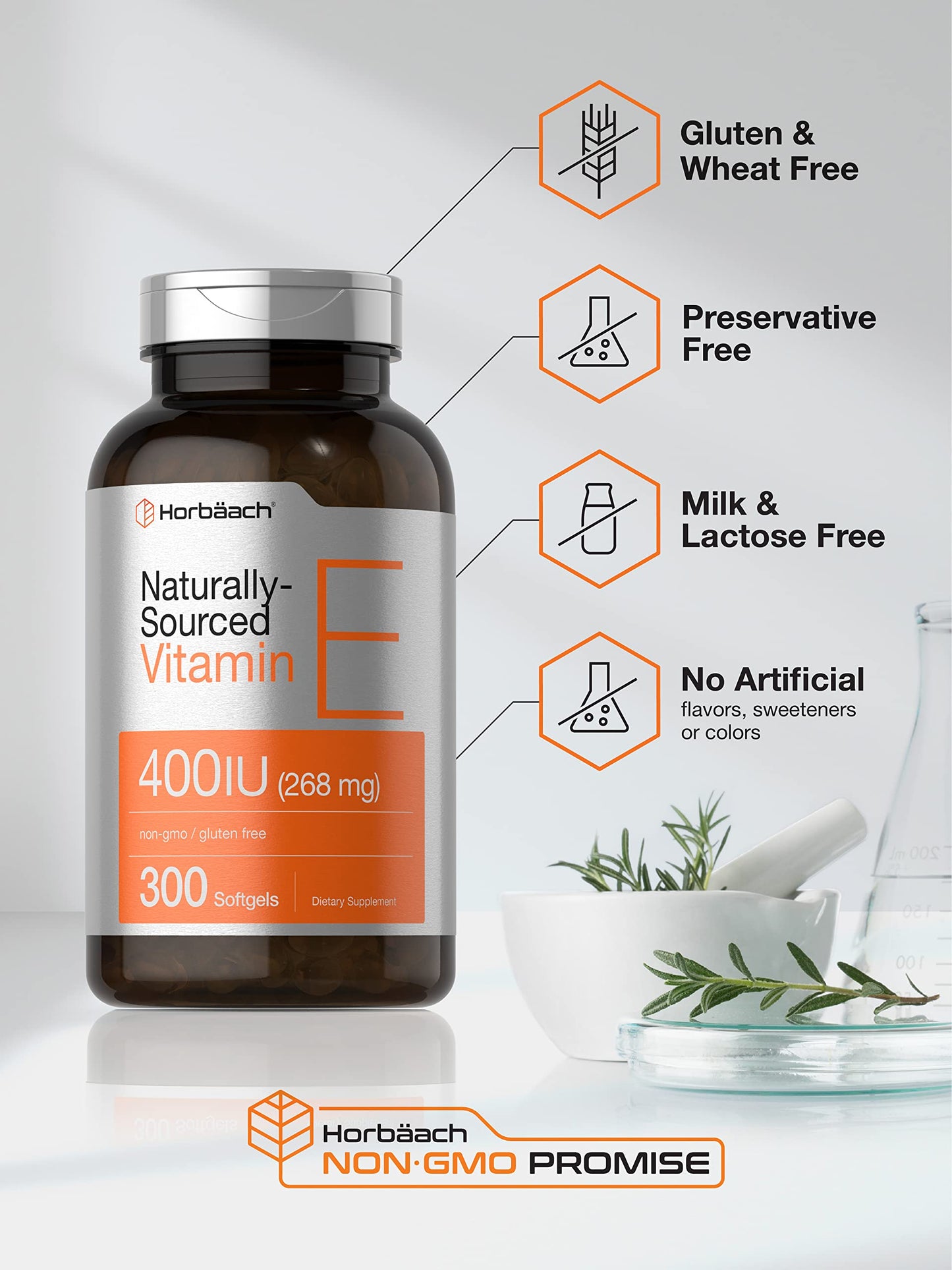 Horbäach Vitamin E Softgel Capsules | 400 IU (268 mg) | 300 Count | Non-GMO & Gluten Free | D-Alpha Tocopherol