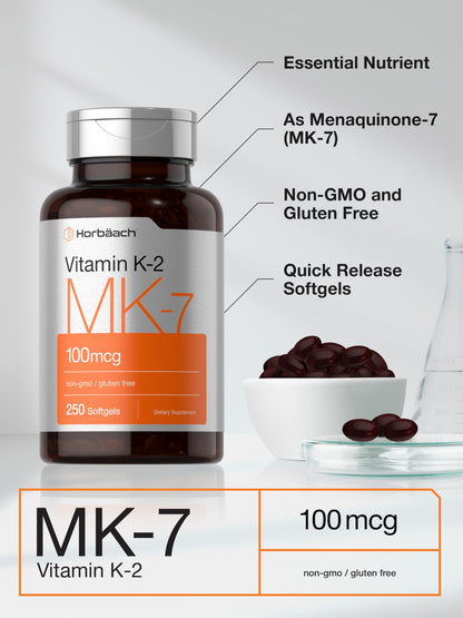 Horbäach Vitamin K2 MK7 100mcg – 250 Softgels – Non-GMO, Gluten Free