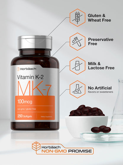 Horbäach Vitamin K2 MK7 100mcg – 250 Softgels – Non-GMO, Gluten Free