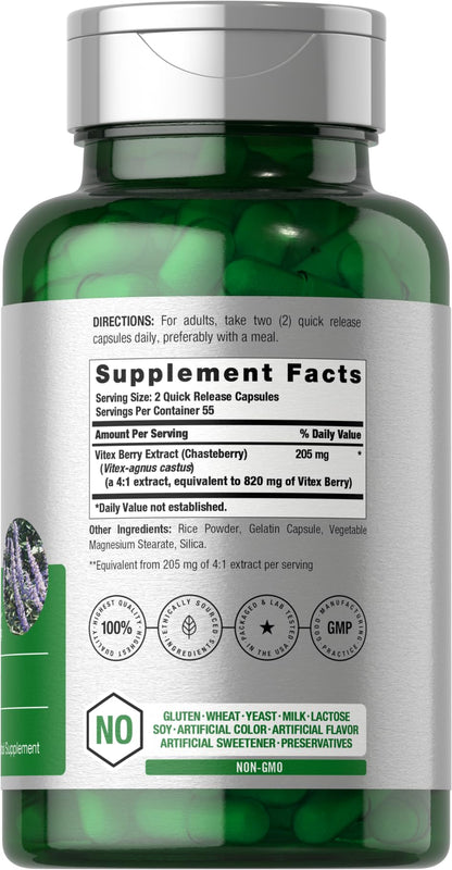Horbäach Vitex Berry 820mg | 110 Capsules | Chasteberry Supplement for Women | Agnus-Castus Fruit | Non-GMO, Gluten Free