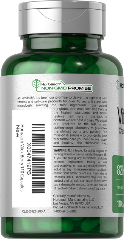 Horbäach Vitex Berry 820mg | 110 Capsules | Chasteberry Supplement for Women | Agnus-Castus Fruit | Non-GMO, Gluten Free