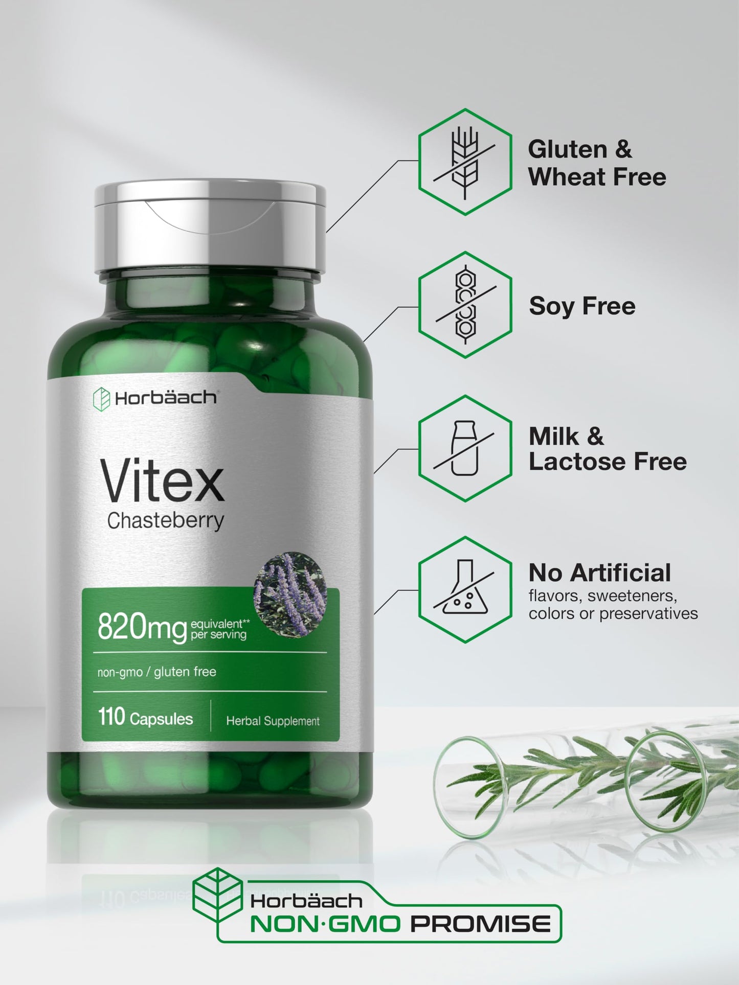 Horbäach Vitex Berry 820mg | 110 Capsules | Chasteberry Supplement for Women | Agnus-Castus Fruit | Non-GMO, Gluten Free