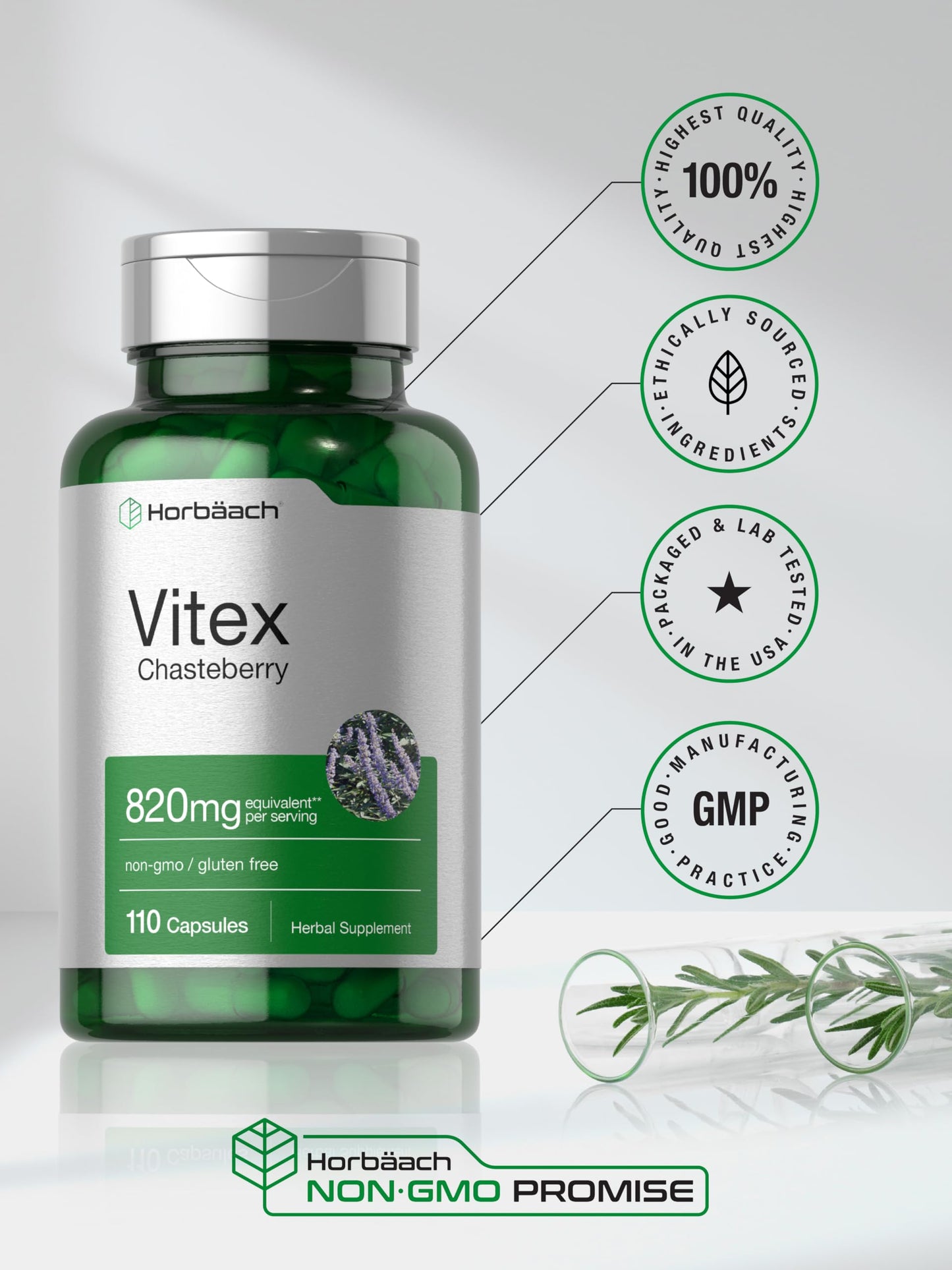 Horbäach Vitex Berry 820mg | 110 Capsules | Chasteberry Supplement for Women | Agnus-Castus Fruit | Non-GMO, Gluten Free