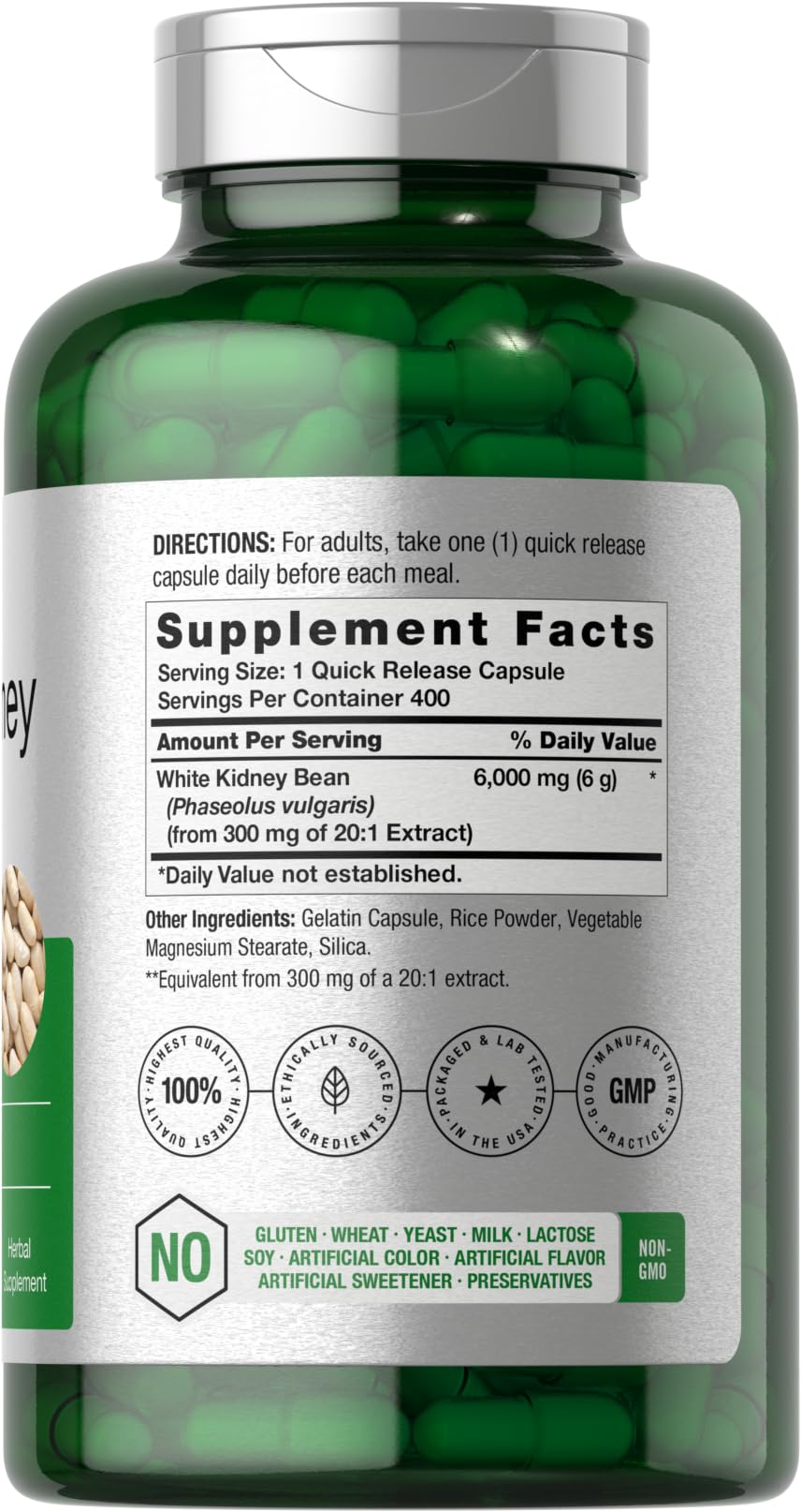 Horbäach White Kidney Bean Extract Capsules - 6000mg, 400 Count, Non-GMO & Gluten Free