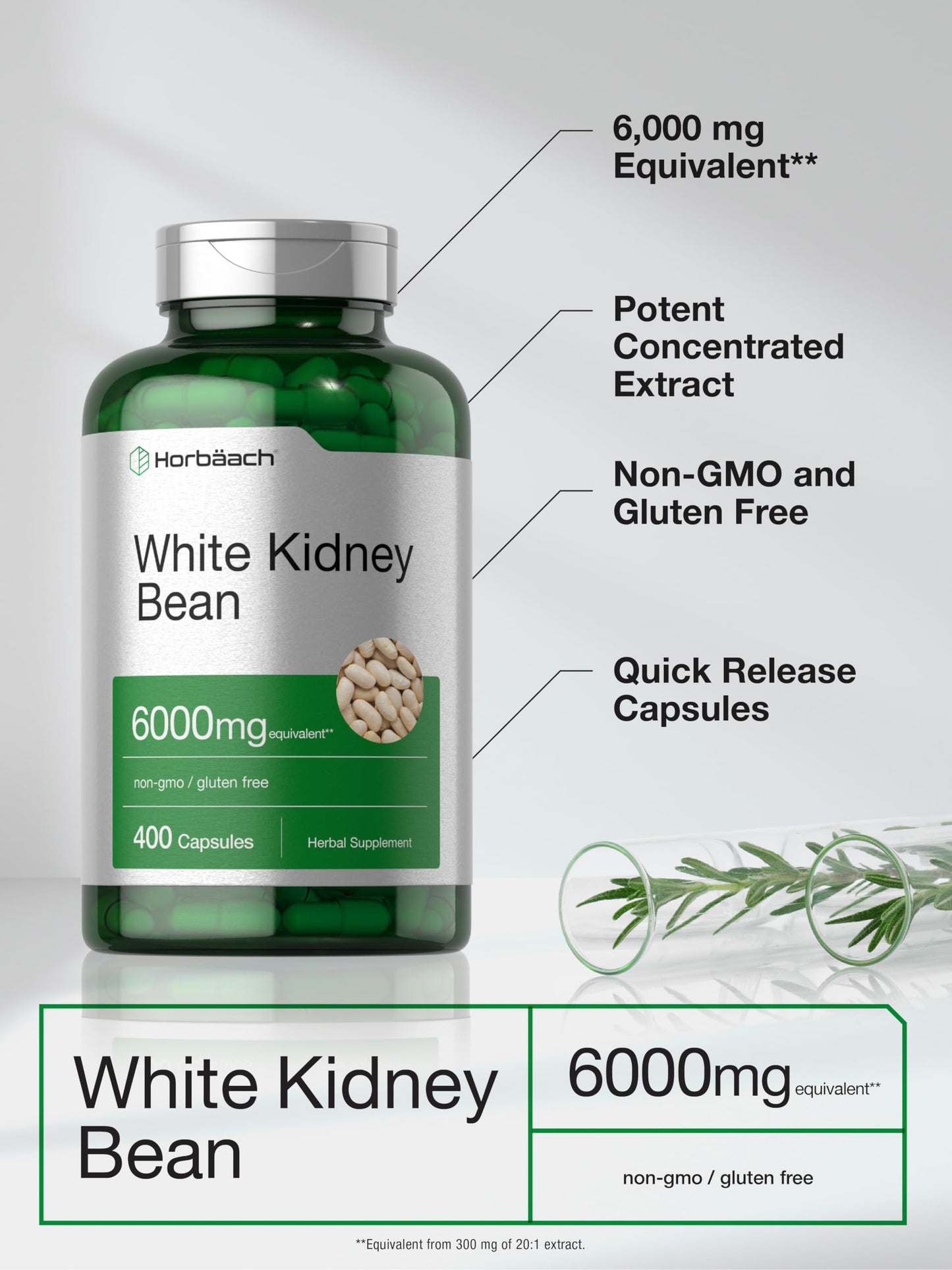 Horbäach White Kidney Bean Extract Capsules - 6000mg, 400 Count, Non-GMO & Gluten Free