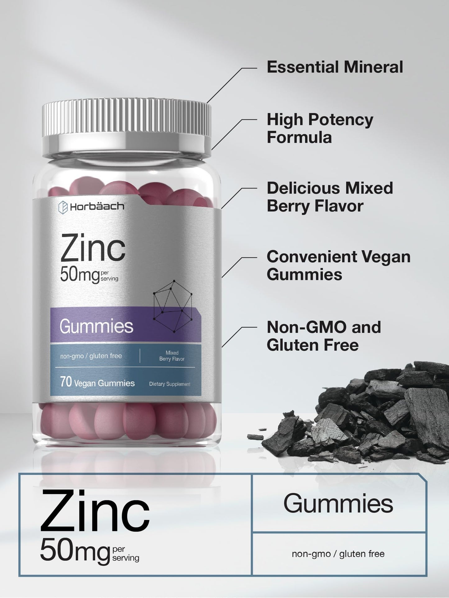 Horbäach Zinc 50mg Gummies | 70 Mixed Berry | Vegan, Non-GMO & Gluten Free | Zinc Citrate