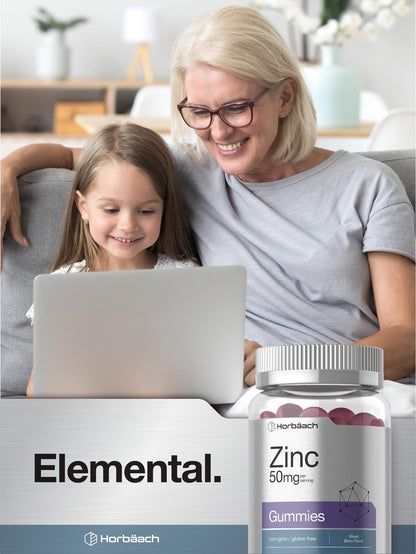 Horbäach Zinc 50mg Gummies | 70 Mixed Berry | Vegan, Non-GMO & Gluten Free | Zinc Citrate