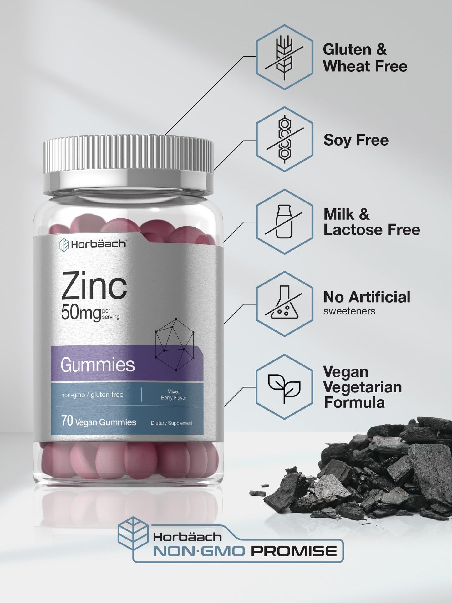 Horbäach Zinc 50mg Gummies | 70 Mixed Berry | Vegan, Non-GMO & Gluten Free | Zinc Citrate