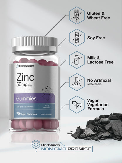 Horbäach Zinc 50mg Gummies | 70 Mixed Berry | Vegan, Non-GMO & Gluten Free | Zinc Citrate