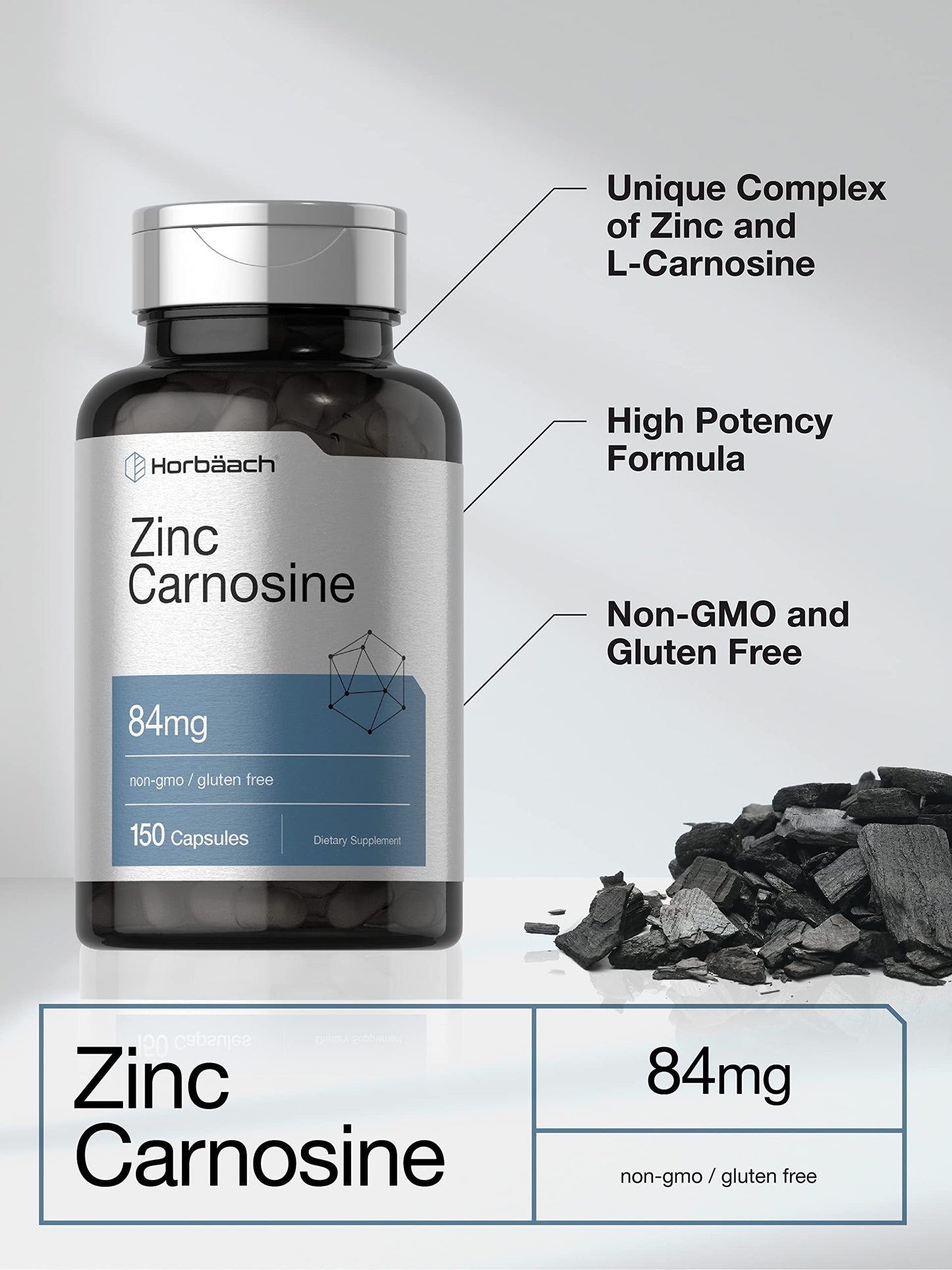 Horbäach Zinc Carnosine Supplement | 84 mg per Capsule | 150 Count | Non-GMO & Gluten Free