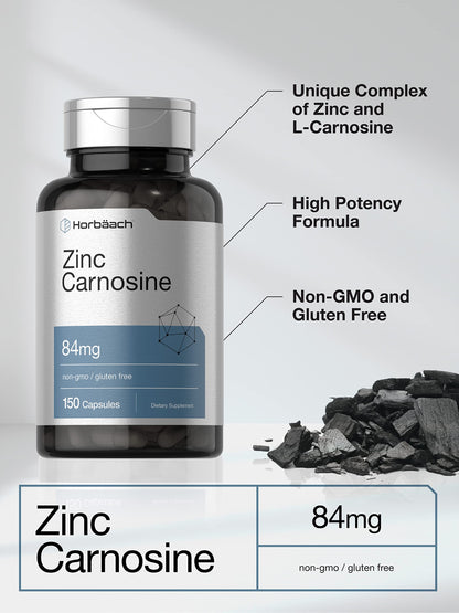 Horbäach Zinc Carnosine Supplement | 84 mg per Capsule | 150 Count | Non-GMO & Gluten Free