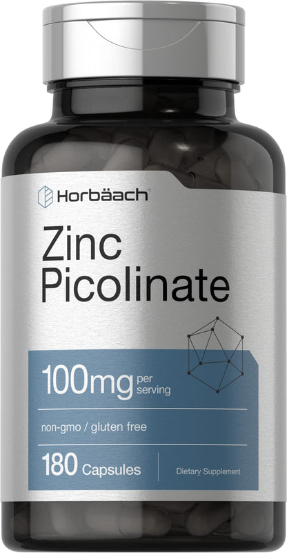 Horbäach Zinc Picolinate 100mg – 180 Capsules – High Potency, Non-GMO, Gluten Free