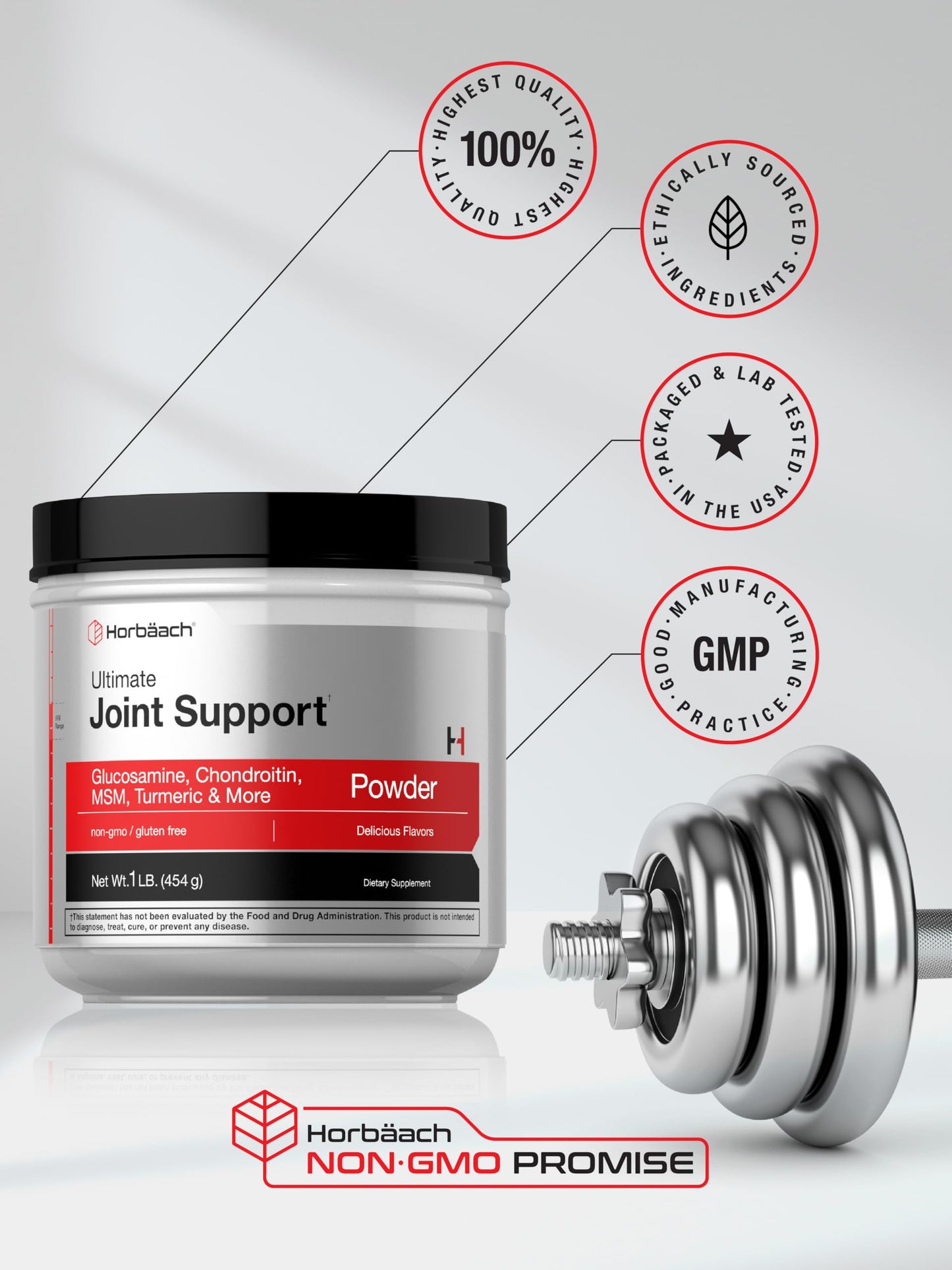 Horbäach Ultimate Joint Support Powder 1 lb – Glucosamine, Chondroitin, MSM & Turmeric | Non-GMO, Gluten Free