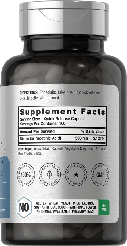 Horbäach Niacin Vitamin B3 500mg - 100 Capsules | Gluten Free & Non-GMO