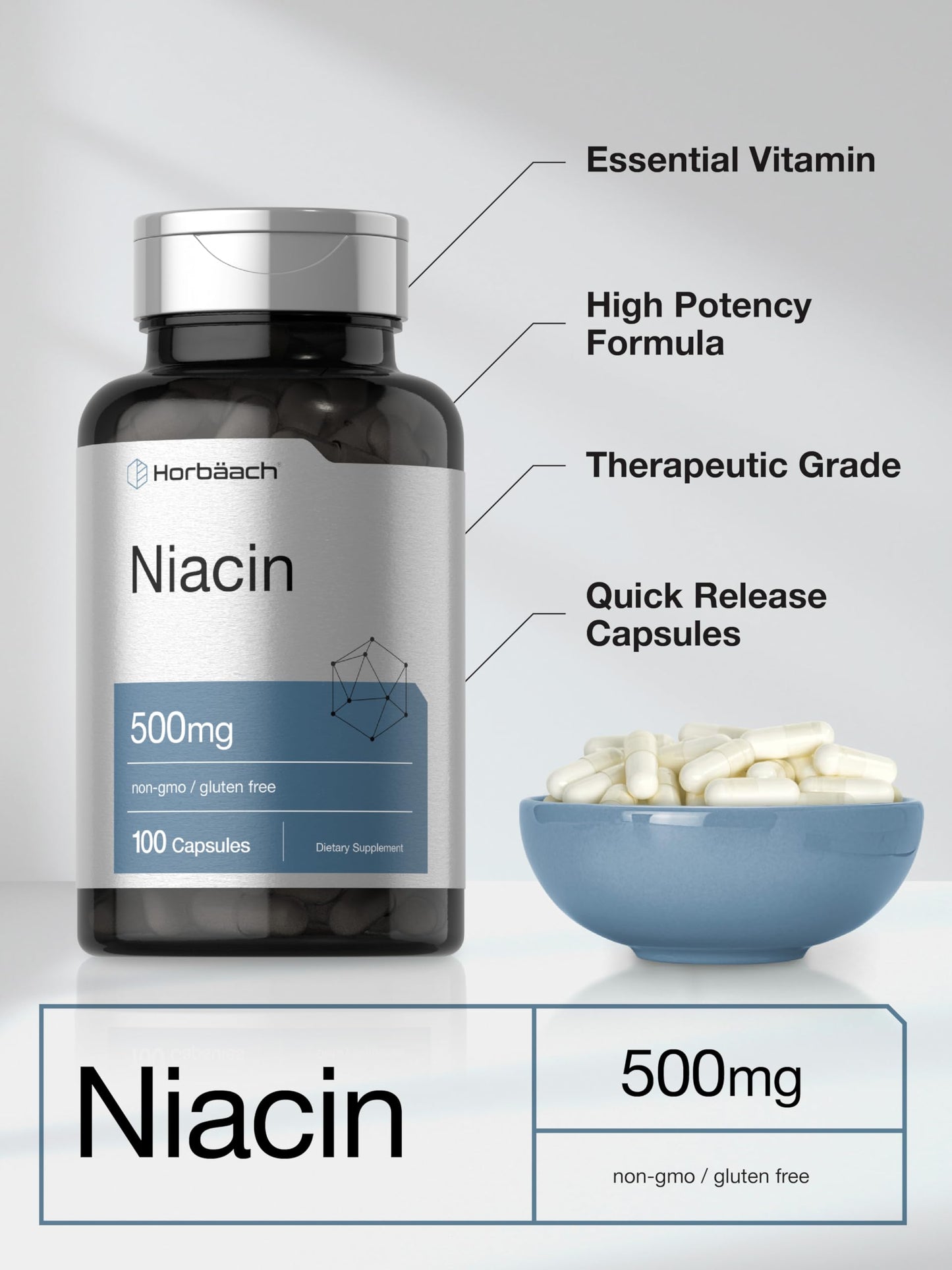 Horbäach Niacin Vitamin B3 500mg - 100 Capsules | Gluten Free & Non-GMO