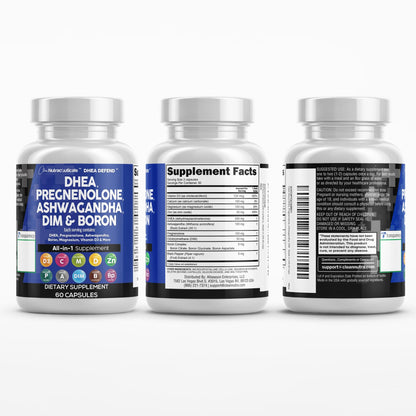 DHEA 200mg & Pregnenolone 100mg Supplement for Men & Women – DIM, Ashwagandha, Boron 6mg, Calcium Magnesium Zinc, Vitamin D3 5000 IU | Made in USA 60 Ct