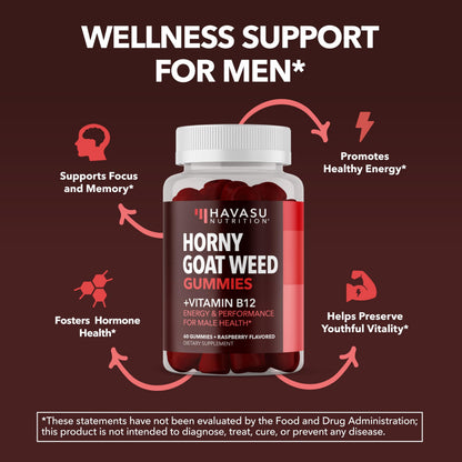 Horny Goat Weed Gummies with Vitamin B12 - Energy, Endurance & Performance Support for Male Health - 60 Count - Vegetarian-Friendly, Non-GMO, Pectin-Based - Raspberry Flavor, 1 Month Supply