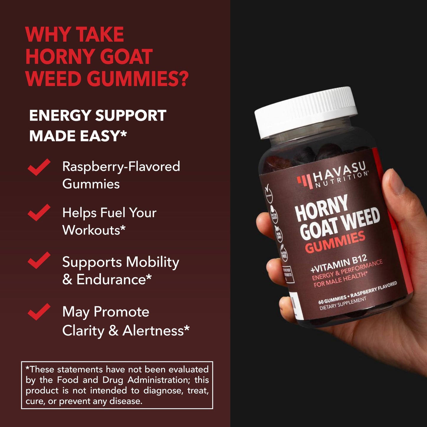 Horny Goat Weed Gummies with Vitamin B12 - Energy, Endurance & Performance Support for Male Health - 60 Count - Vegetarian-Friendly, Non-GMO, Pectin-Based - Raspberry Flavor, 1 Month Supply