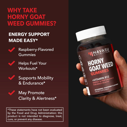 Horny Goat Weed Gummies with Vitamin B12 - Energy, Endurance & Performance Support for Male Health - 60 Count - Vegetarian-Friendly, Non-GMO, Pectin-Based - Raspberry Flavor, 1 Month Supply