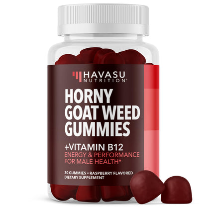Horny Goat Weed Gummies with Vitamin B12 - Energy & Endurance Support for Men (30 Count) Raspberry