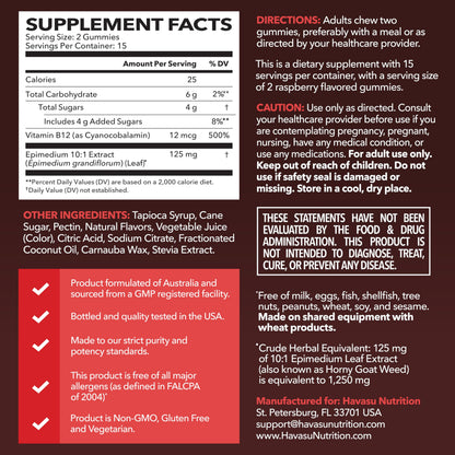 Horny Goat Weed Gummies with Vitamin B12 - Energy & Endurance Support for Men (30 Count) Raspberry