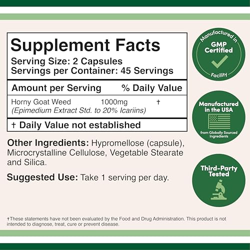 Horny Goat Weed for Men and Women - Max Strength Epimedium 20% Icariins, 1,000mg per Serving, 90 Capsules | Double Wood