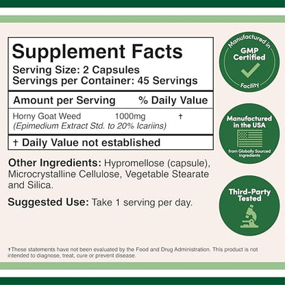 Horny Goat Weed for Men and Women - Max Strength Epimedium 20% Icariins, 1,000mg per Serving, 90 Capsules | Double Wood