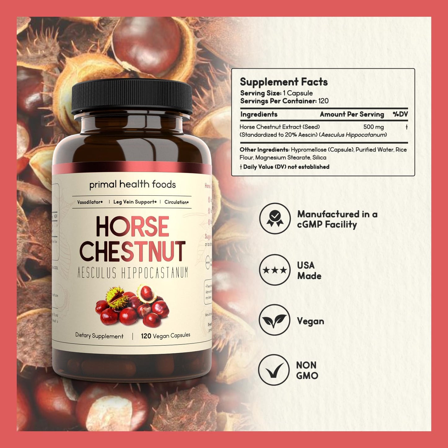 Primal Health Foods Horse Chestnut Extract 500 mg – 120 Servings | Varicose Veins & Blood Health | Vegetarian, Non-GMO & Gluten Free