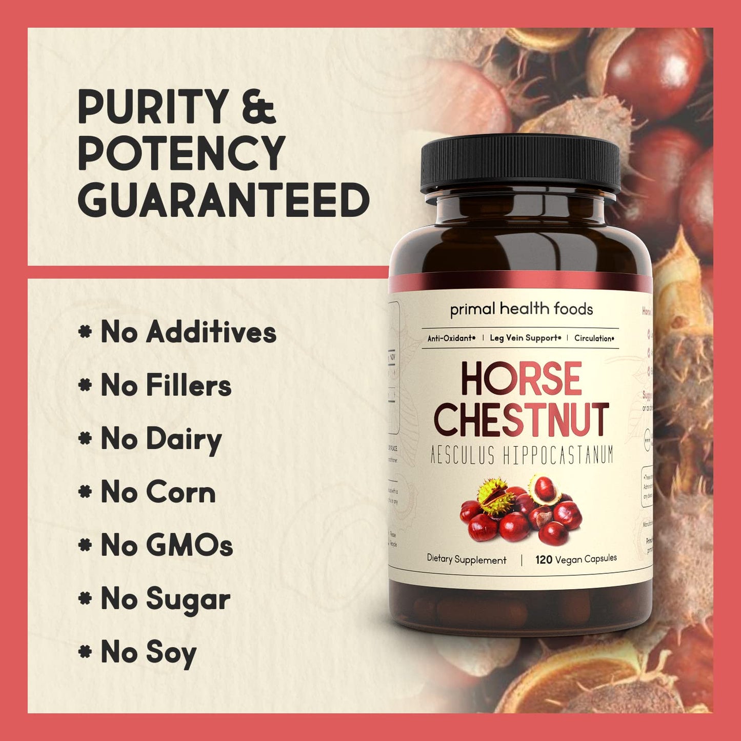 Primal Health Foods Horse Chestnut Extract 500 mg – 120 Servings | Varicose Veins & Blood Health | Vegetarian, Non-GMO & Gluten Free