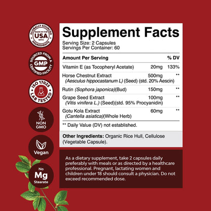 Vein Support for Legs — Leg Circulation & Varicose Relief | Vegan Non-GMO Mini Caps (2-Month)