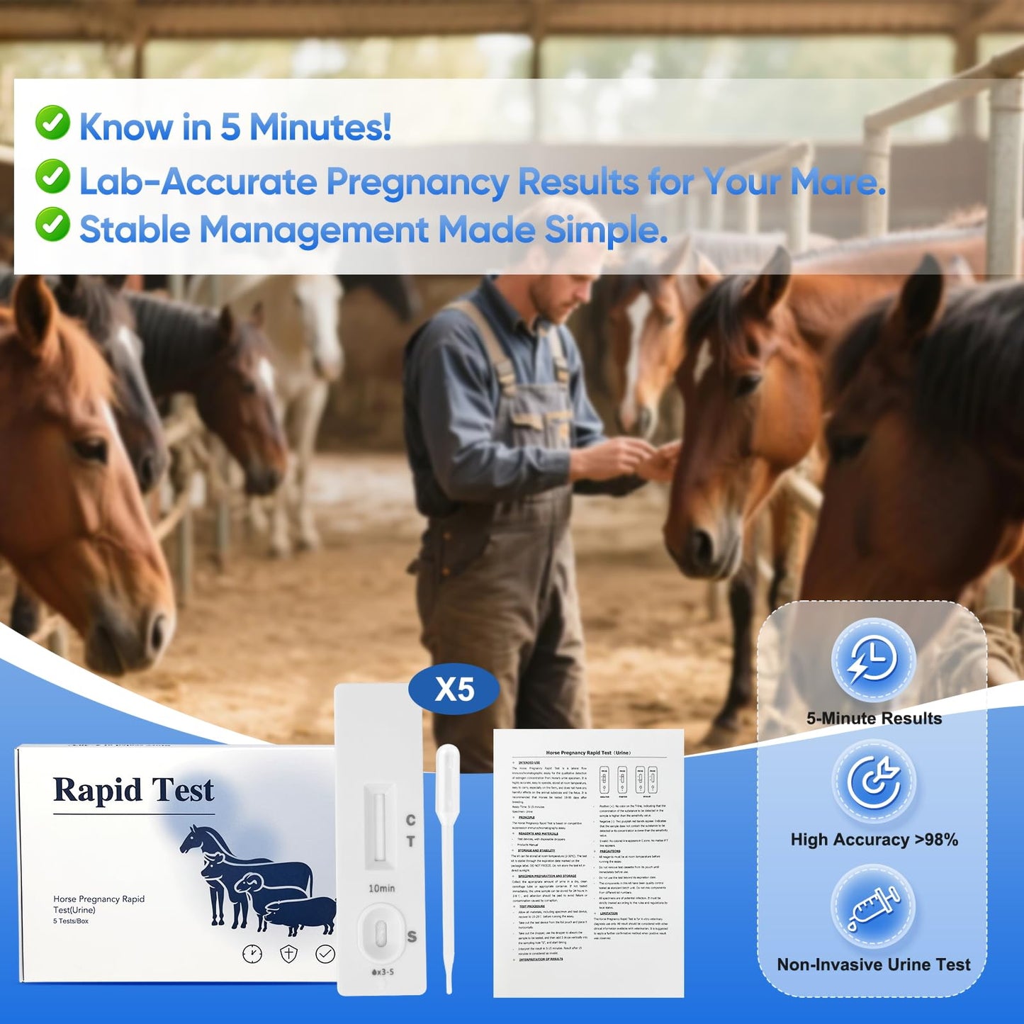 Horse Pregnancy Test Kit for Mares - Rapid Urine Test Strips, 10 Minutes, Easy-to-Use Breeding Detection (18-90 Days After Breeding)