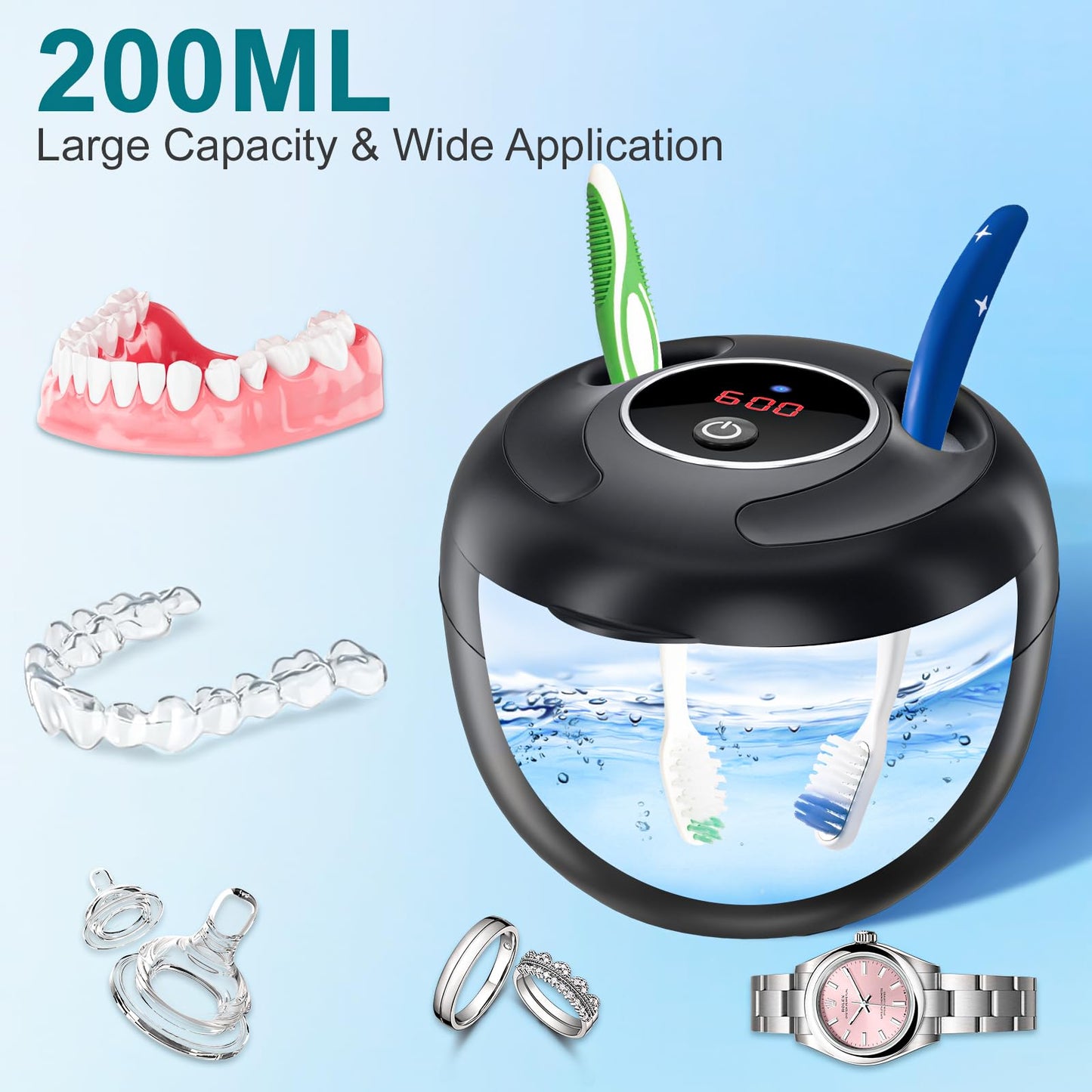Hossili Ultrasonic Retainer Cleaner Machine – 200ML, 45kHz, 4 Modes, Digital Timer