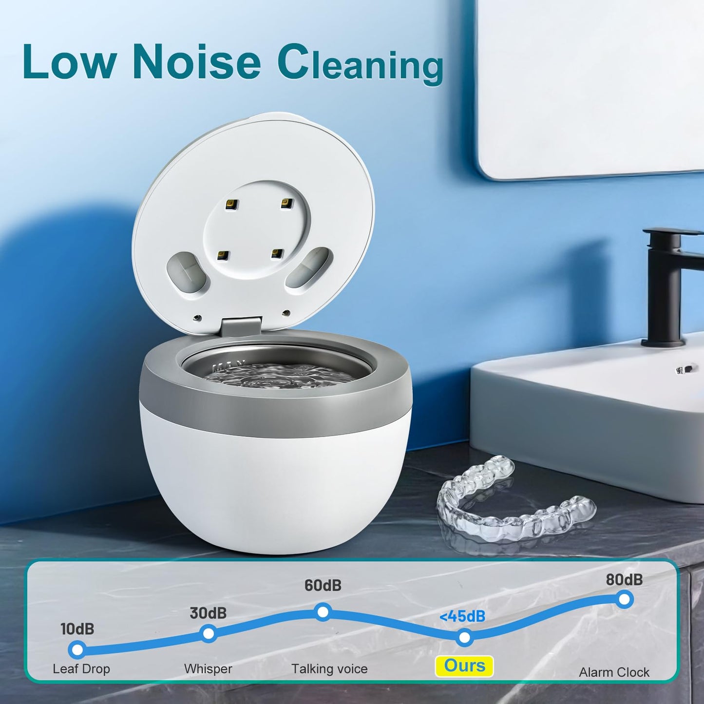 Hossili Ultrasonic Retainer Cleaner – 45kHz 200ml, 4 Wash Modes, 360° UV, Digital Timer (White)