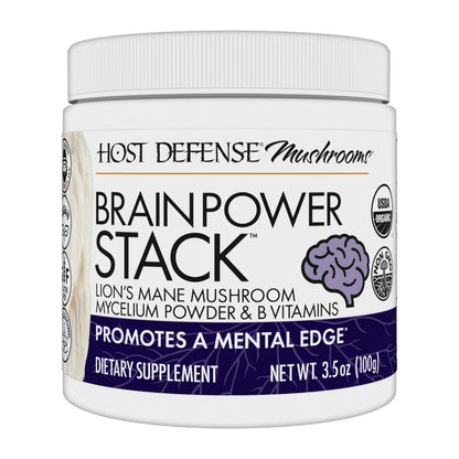 Host Defense BrainPower Stack Powder - Brain Support Supplement with Lion's Mane, Niacin (B3) & Vitamin B12 | 100g (66 Servings)