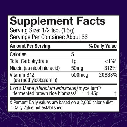 Host Defense BrainPower Stack Powder - Brain Support Supplement with Lion's Mane, Niacin (B3) & Vitamin B12 | 100g (66 Servings)