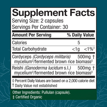 Host Defense CordyChi Capsules - Energy & Immune Support Supplement - Cordyceps & Reishi Mushroom Supplement for Relaxation & Respiratory Support - Aids Against Tiredness - 60 Capsules (30 Servings)*