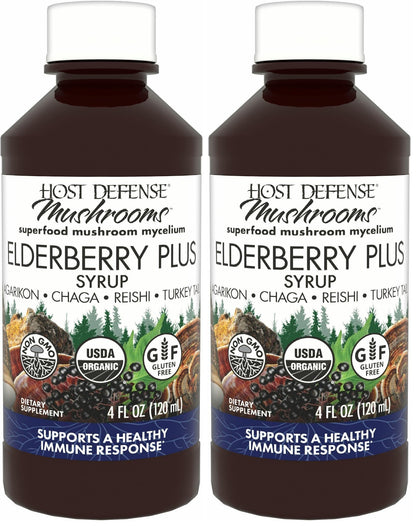 Host Defense Elderberry Plus Syrup - Immune & Respiratory Support Mushroom Supplement with Turkey Tail, Reishi, Agarikon & Chaga | 4 fl oz (12 Servings) Pack of 2