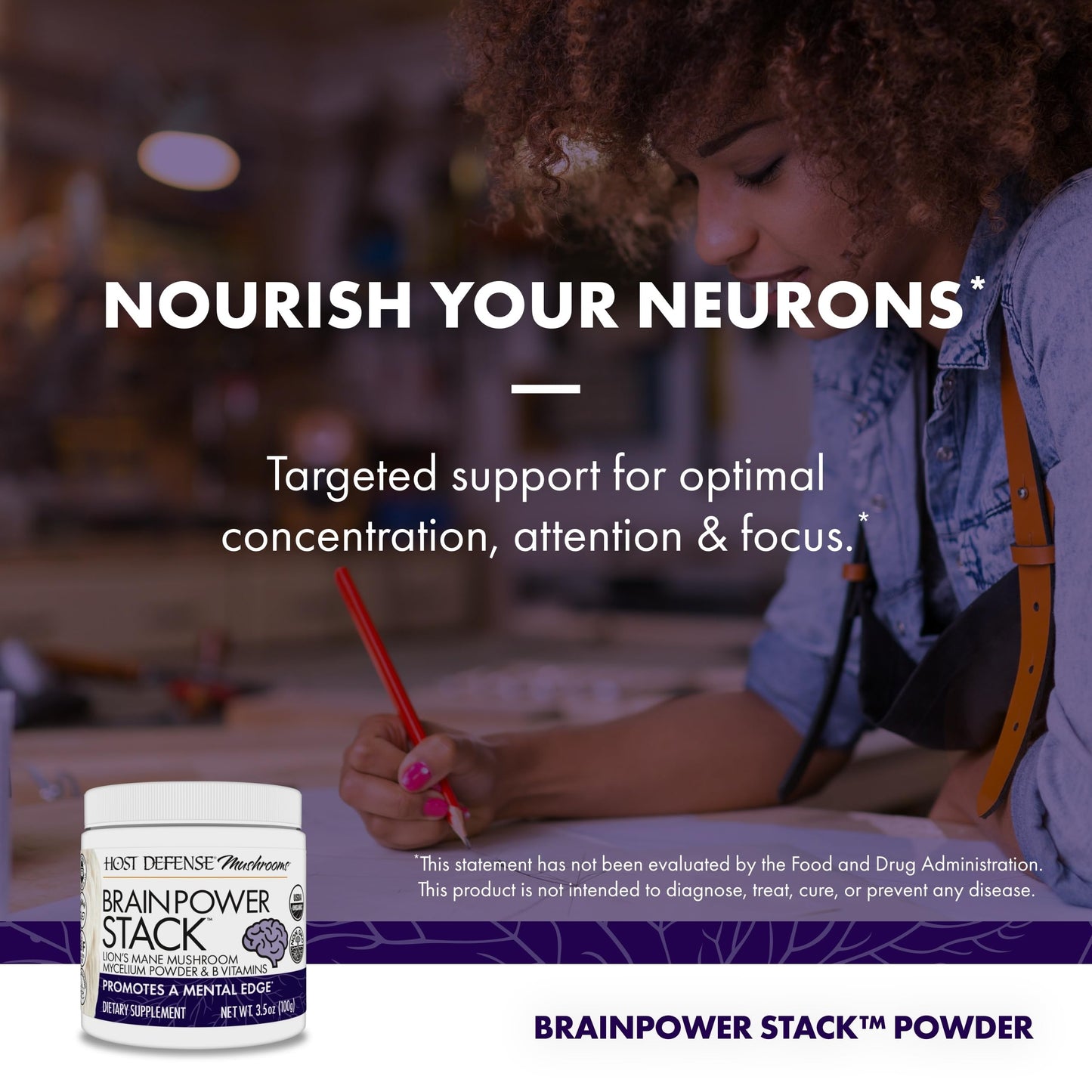 Host Defense BrainPower Stack Powder - Brain Support Supplement with Lion's Mane, Niacin (B3) & Vitamin B12 | 100g (66 Servings)