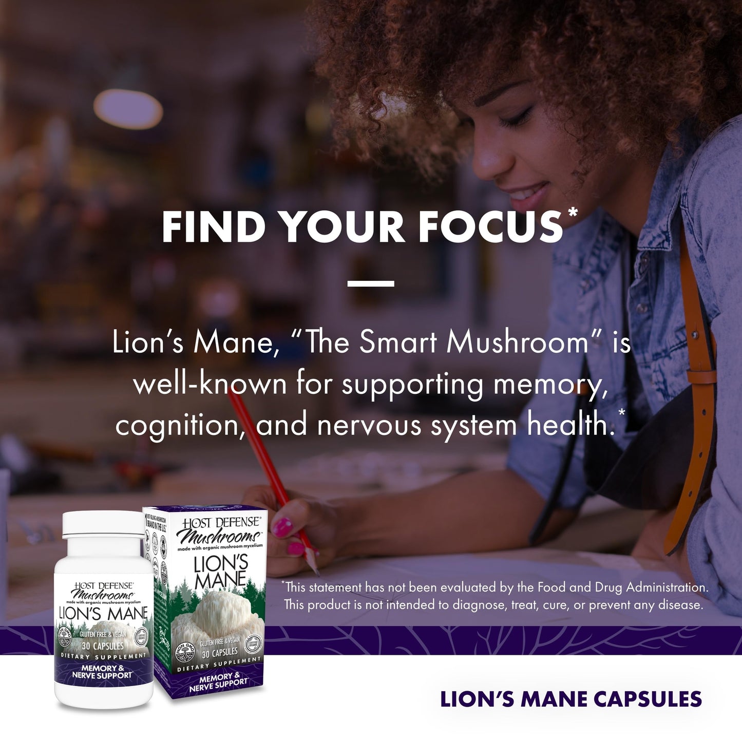 Host Defense Mushrooms Lion's Mane – Brain Health & Focus Capsules (30 Capsules / 15 Servings)