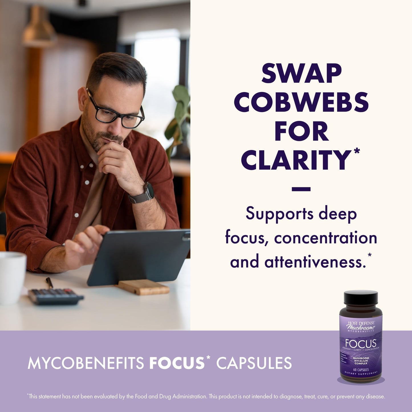 Host Defense MycoBenefits Focus Capsules – Brain Health Mushroom Supplement with Lion's Mane, Reishi & B Vitamins | 60 Capsules (30 Servings)