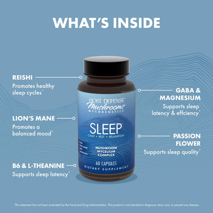 Host Defense MycoBenefits Sleep Capsules – Restful Sleep Support with Magnesium, Lion's Mane & GABA (60 Capsules, 30 Servings)