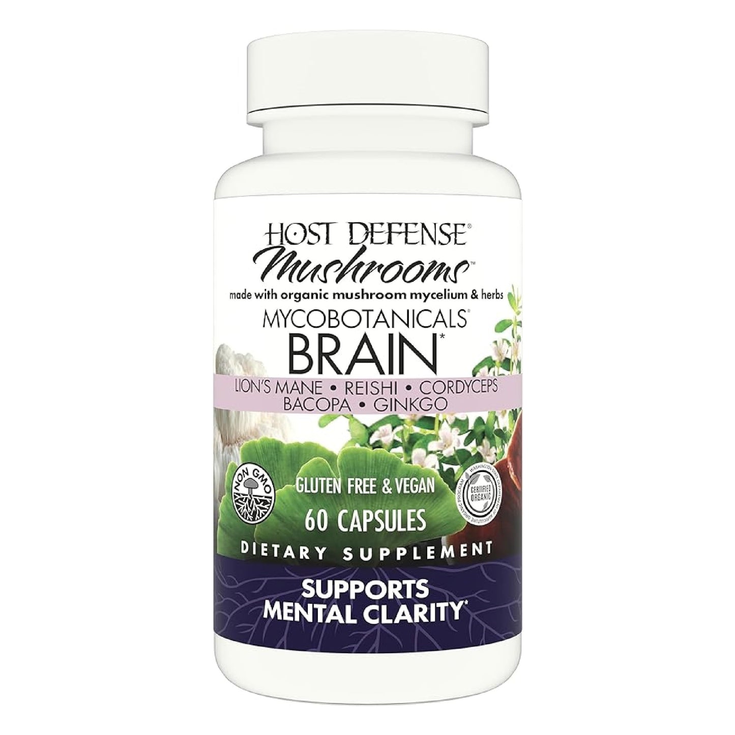 Host Defense MycoBotanicals Brain Capsules - Lion's Mane, Reishi & Cordyceps | 60 Capsules (30 Servings)