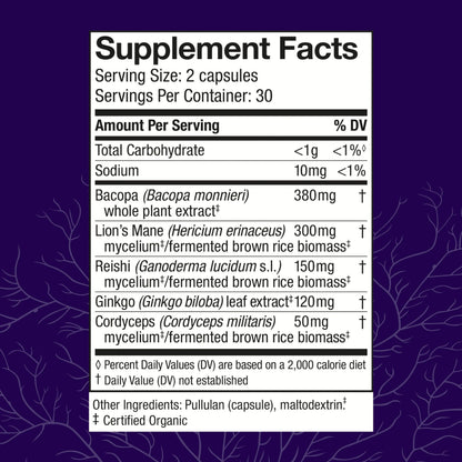 Host Defense MycoBotanicals Brain Capsules - Lion's Mane, Reishi & Cordyceps | 60 Capsules (30 Servings)