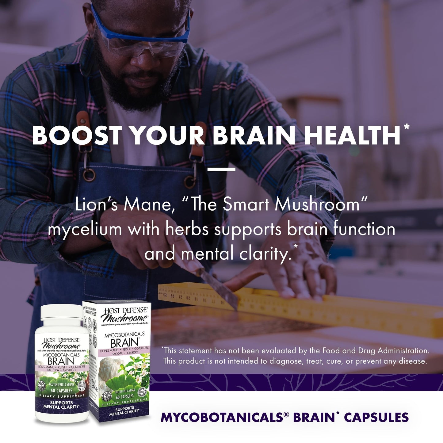 Host Defense MycoBotanicals Brain Capsules - Lion's Mane, Reishi & Cordyceps | 60 Capsules (30 Servings)