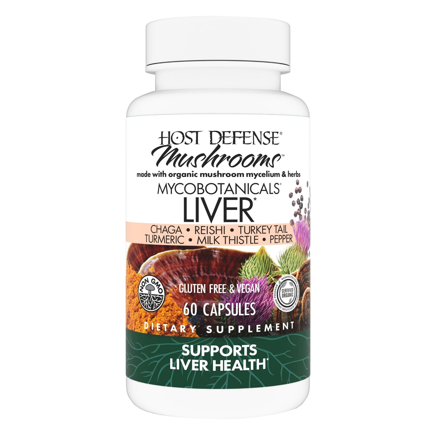 Host Defense MycoBotanicals Liver* Capsules - Liver Health Supplement with Milk Thistle & Turmeric Root - Mushroom Supplement with Turkey Tail, Reishi & Chaga - 60 Capsules (30 Servings)*